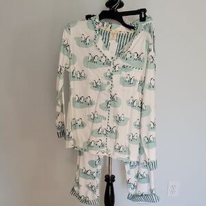 munki munki White and Teal Pajama Set with Penguin Print